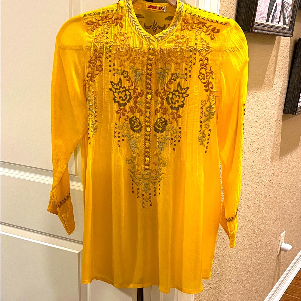 Johnny Was Vibrant Yellow Embroidered Blouse